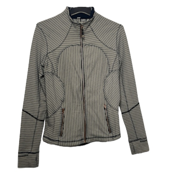 Rare Lululemon Forme Jacket Tan & Navy pinstripe w/Rose Gold hardware Sz 10 - Picture 3 of 12